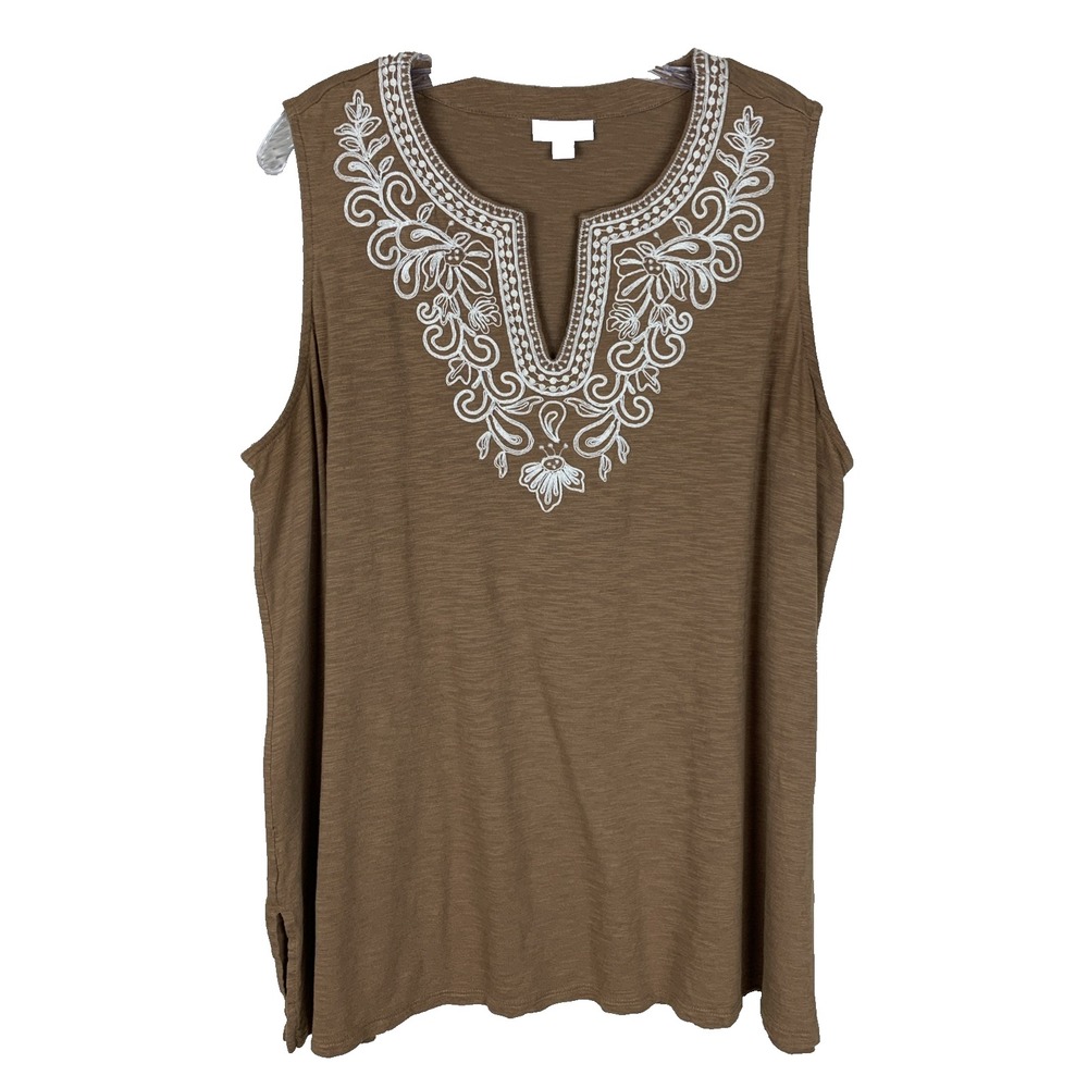 J Jill Womens XL Petite Embroidered Sleeveless Top Boho Cotton Modal Tunic